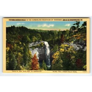 Linen Postcard Fall Creek Falls Park Tennessee Scenic Waterfall 1940s